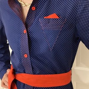 Vintage Polka Dot Shirt Dress Retro 70s Button Up Navy & Red Mad Men Sailor